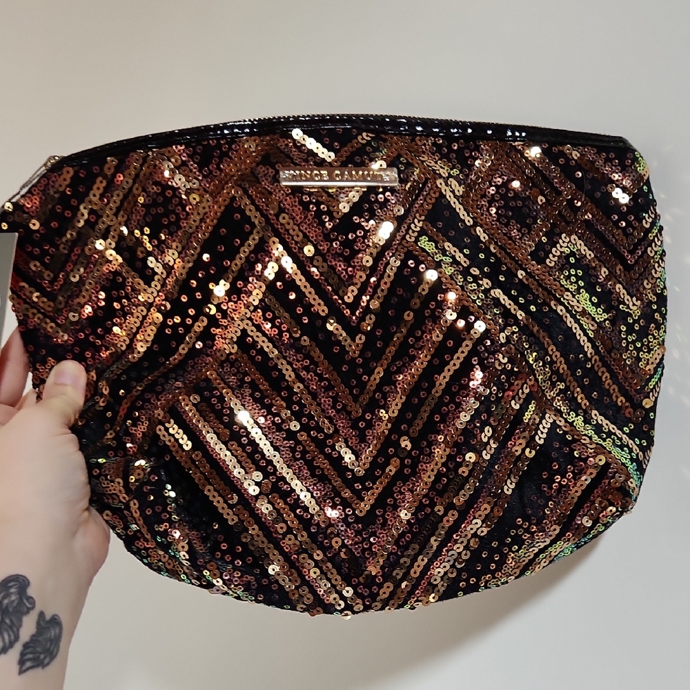 Vince Camuto Black and Gold Sequin Cosmetic Bag